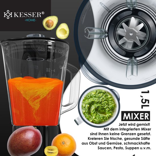 KESSER® 3 in 1 Keukenmachine Foodprocessor - Keukenmixer - Keukenrobotor K-KM 3000 met Kneder Multifunctionele Mixer 5,5 L Kom met 3 Menggereedschappen 1,5 L Sapcentrifuge Worstset Pasta & Koekjesvormen - Zwart van KESSER® — afbeelding 4