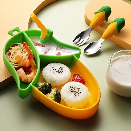 Kinderservies Mais Set van 4 voor Kinderen - Bord/Lepel/Vork/Slabbetje - BPAVRIJ Anti slip Ftalaatvrij - Baby servies - Kinderservies - Kinderbord - Magnetron - Vaatwasser van Kinder — afbeelding 4