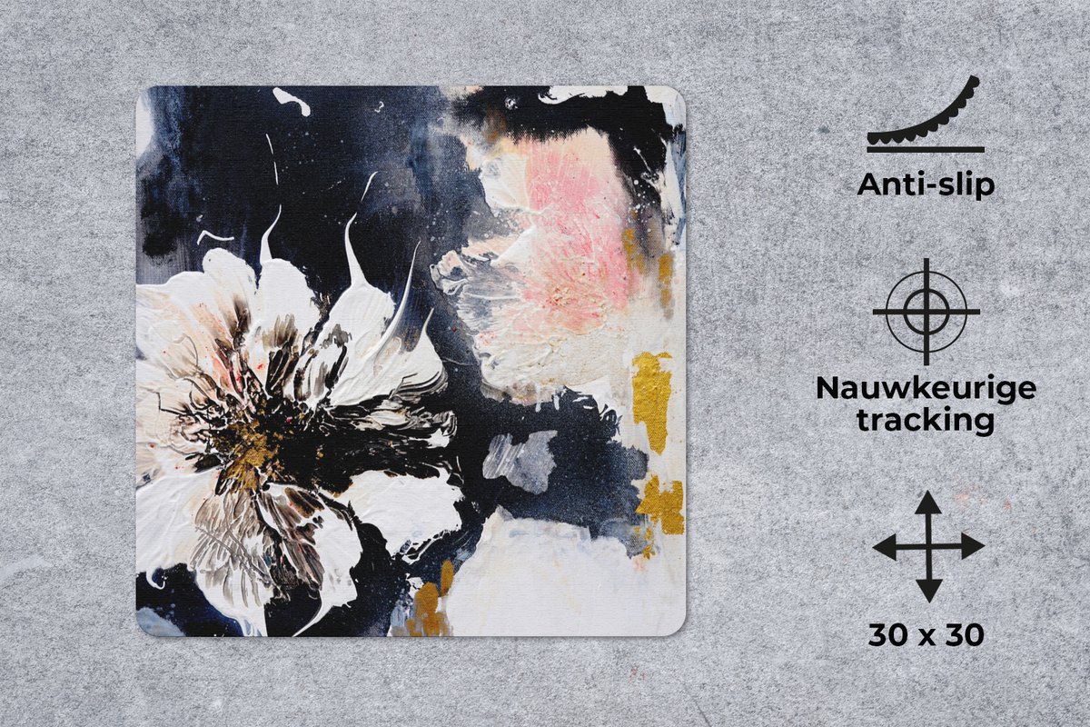 Muismat 30x30 cm - Mousepad Bloemen - Kunst - Abstract - Zwart - Verf - Muismatten