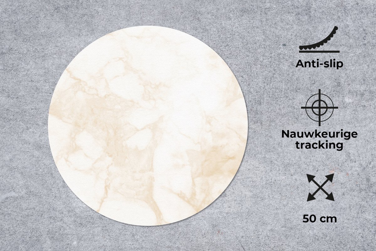 Muismat rond 50x50 cm - Mousepad Marmer - Wit - Goud - Luxe - Ronde muismatten