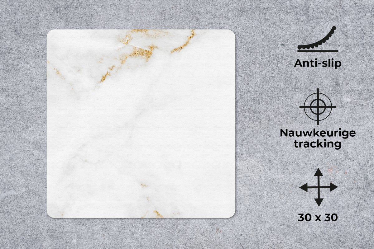 Muismat 30x30 cm - Mousepad Marmer - Goud - Wit - Luxe - Muismatten