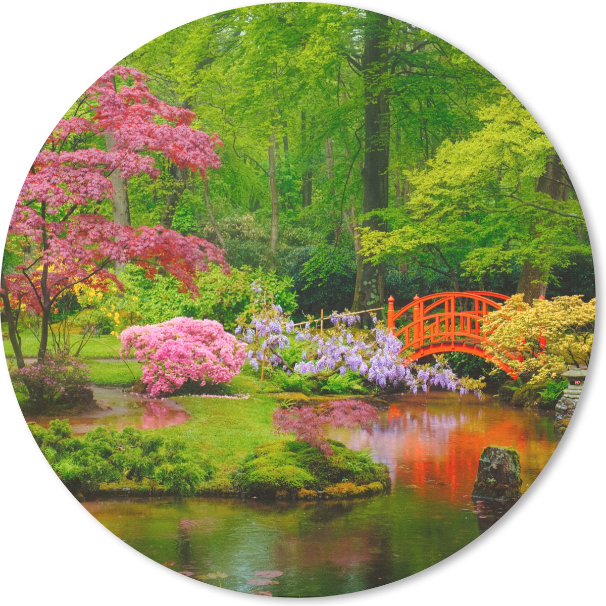 Muismat rond 50x50 cm - Mousepad Brug - Japans - Botanisch - Bomen - Bloemen - Ronde muismatten