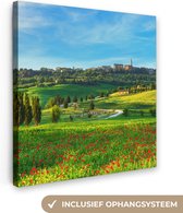 Canvas Schilderij Toscane - Landschap - Bloemen - 90x90 cm - Wanddecoratie