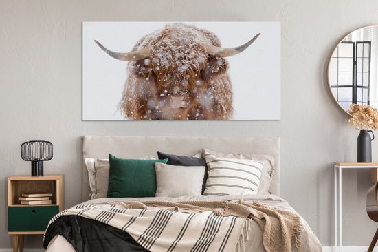 Peinture sur toile Highlander écossais - Cornes - Neige - 160x80 cm - Décoration murale