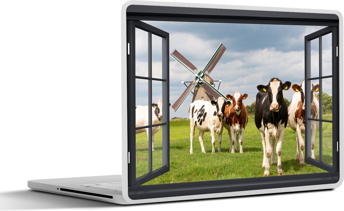 Laptop sticker - 17.3 inch - Doorkijk - Koe - Molen - Koeien - Weiland - Gras - Groen - 40x30cm - Laptopstickers - Laptop skin - Cover