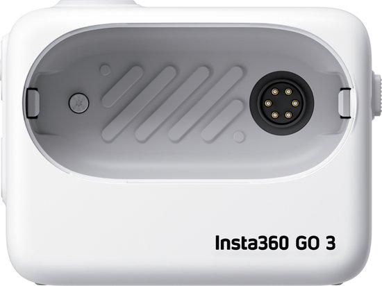 Achterkant van de witte Insta360 GO 3 actiecamera met magnetische connector.