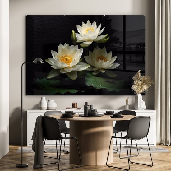 MuchoWow® Peinture sur verre 150x100 cm - Peinture sur verre acrylique - Lotus - Fleurs - Wit - Nature - Zwart - Photo sur verre - Peintures