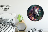 WallCircle - Wandcirkel paard - Bloemen - Roze - Natuur - Wanddecoratie woonkamer - Muurcirkel binnen - Wandbord rond - Ronde schilderijen - 90x90 cm - Ronde muurdecoratie - Cirkel schilderij - Schilderij rond