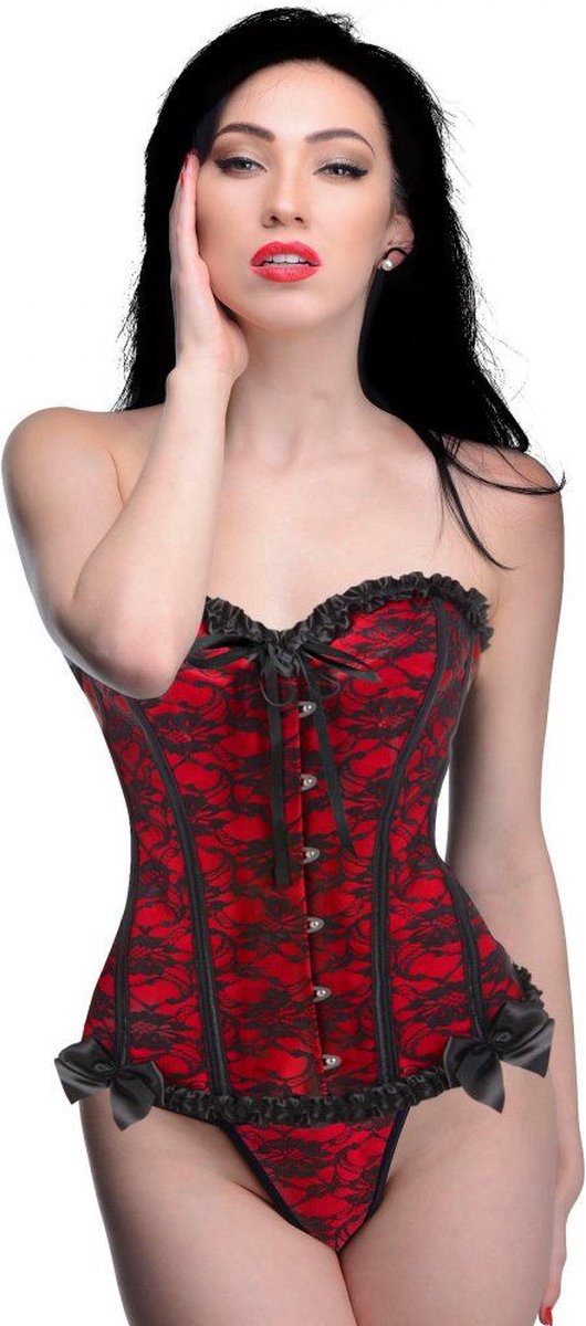 Scarlet Seduction Kanten Korset & String - Zwart/Rood