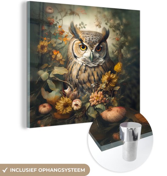 MuchoWow® Glasschilderij - Uil - Vogels - Bloemen - Natuur - Acrylglas Schilderijen - Foto op Glas