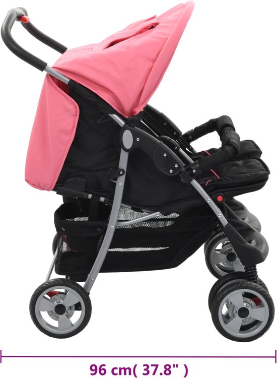 vidaXL - Tweelingkinderwagen - staal - roze - en - zwart van Vidaxl — afbeelding 4