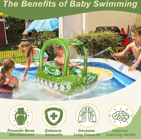 Zwemlichaam voor baby's, opblaasbaar badzitje voor baby's, met zonnedak en veiligheidsrug, zwembad voor baby's, van pvc, met waterpistool, voor kinderen van 2 tot 6 jaar tot 25 kg — afbeelding 5