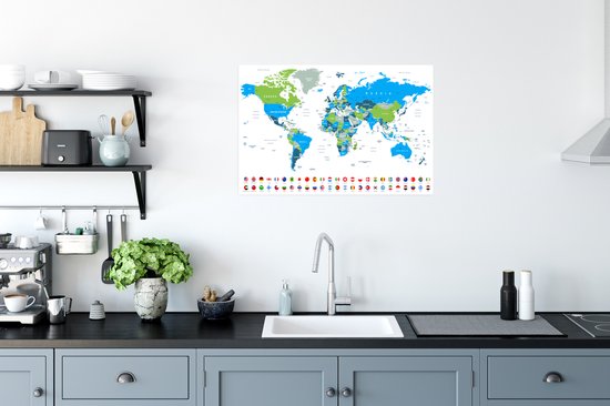 Affiche d'une carte du monde avec des pays en bleu et vert, avec une rangée de drapeaux en bas.