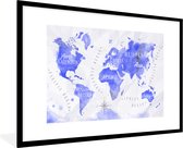 Fotolijst incl. Poster - Wereldkaart - Waterverf - Blauw - 90x60 cm - Posterlijst