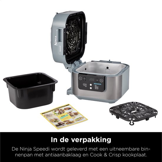 Ninja Speedi multicooker met open deksel, een zwarte binnenpan en grillrooster. Handleiding ernaast.