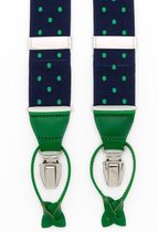 Hein Strijker Blauw bretels met groen gestipte banden van canvas en exclusieve leren afwerking in de kleur groen
