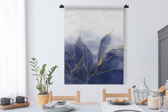 Wandkleed - Wanddoek - Marmer - Blauw - Marmerlook - Goud - Textuur - 90x120 cm - Wandtapijt