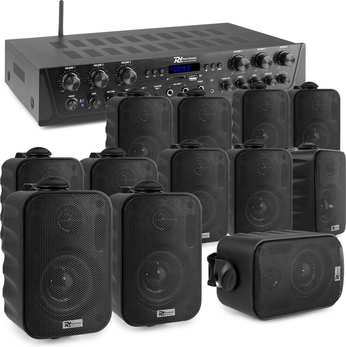 Geluidsinstallatie met Bluetooth - PV260BT 6-zone versterker audio + 12 BGO30 zwarte 3'' speakers