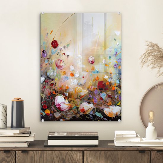 Peinture sur verre fleurs - Art - Nature - Peinture à l'huile - Photo sur verre - Décoration de chambre - Peintures sur verre - Tableaux de salon - 30x40 cm - Plaque de verre - Décoration murale - Décoration murale - Chambre