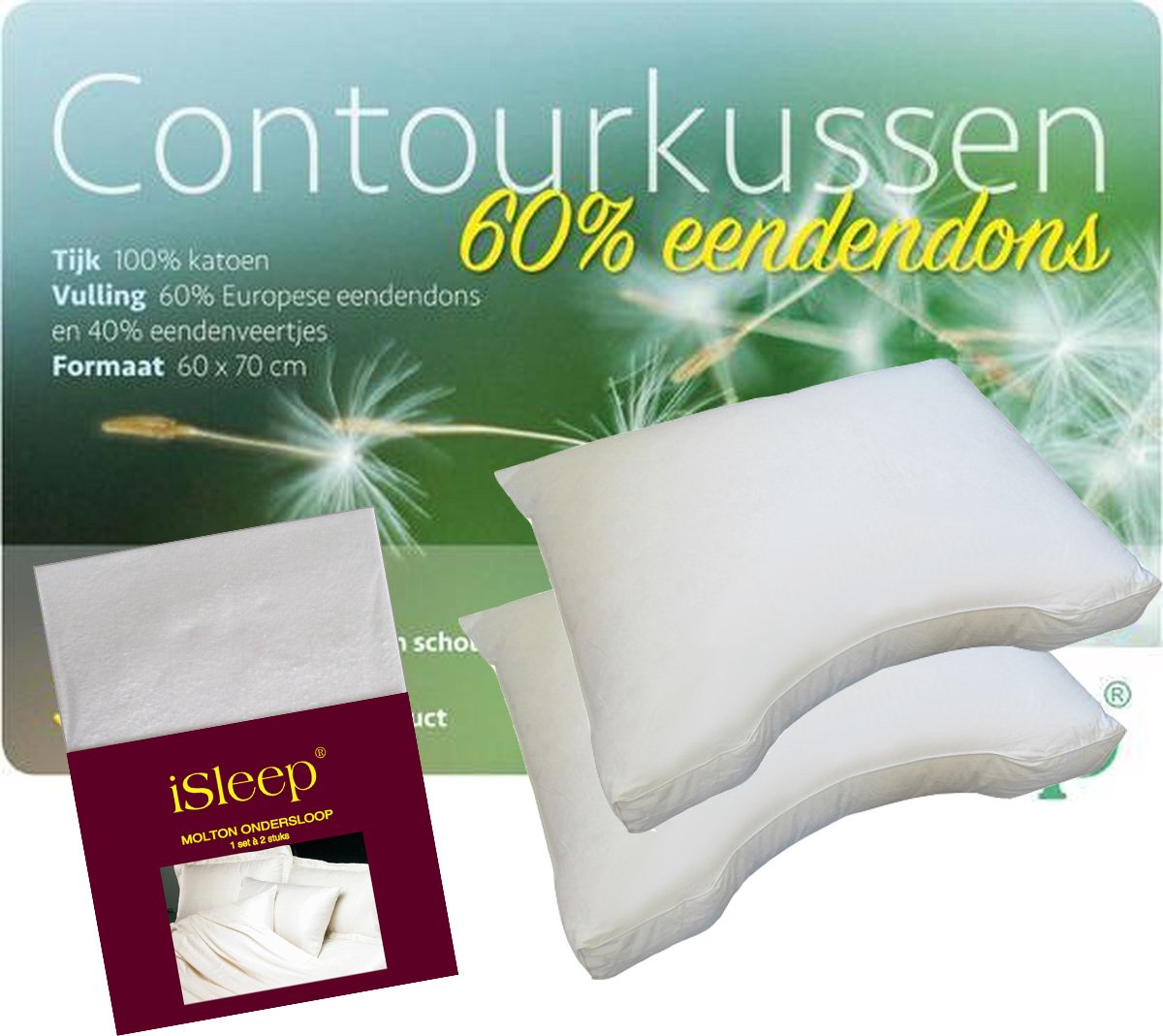 iSleep Contourkussen Set (2 Kussens + 2 iSleep Moltonslopen) - 60% Dons - 60x70 cm - Wit