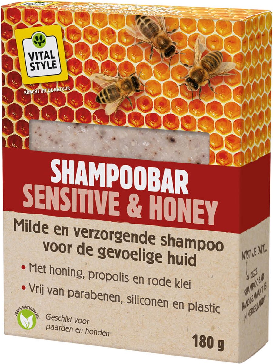 VITALstyle Shampoobar Sensitive & Honey - Hondenshampoo - Paardenshampoo - Voor De Gevoelige Huid - Met Honing, Propolis & Rode Klei - 180 g - VITALstyle