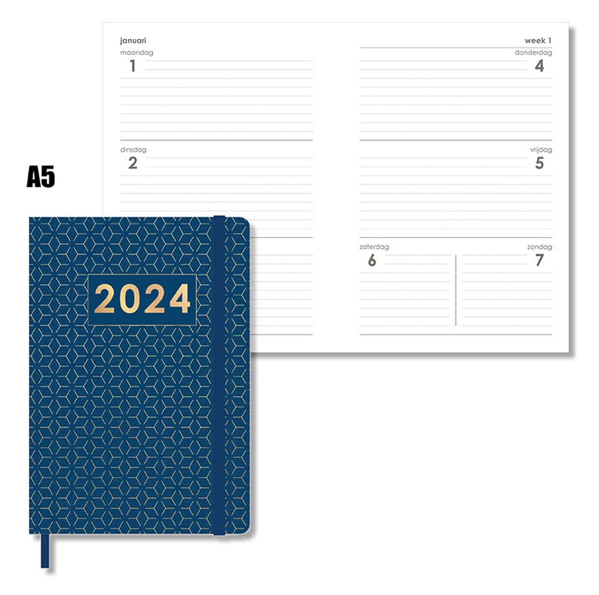 MGPcards - Agenda 2024 - A5 (21,5x15,5 cm) - Foliedruk - Week op 2 pagina's - Ruime vakken - Donkerblauw