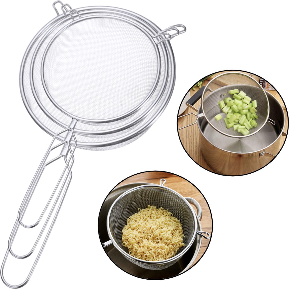 PD® - RVS Zeef Set - Vergiet 3 Delig - Keukenzeef - Zeefjes - Ø 16, 18 en 21 cm