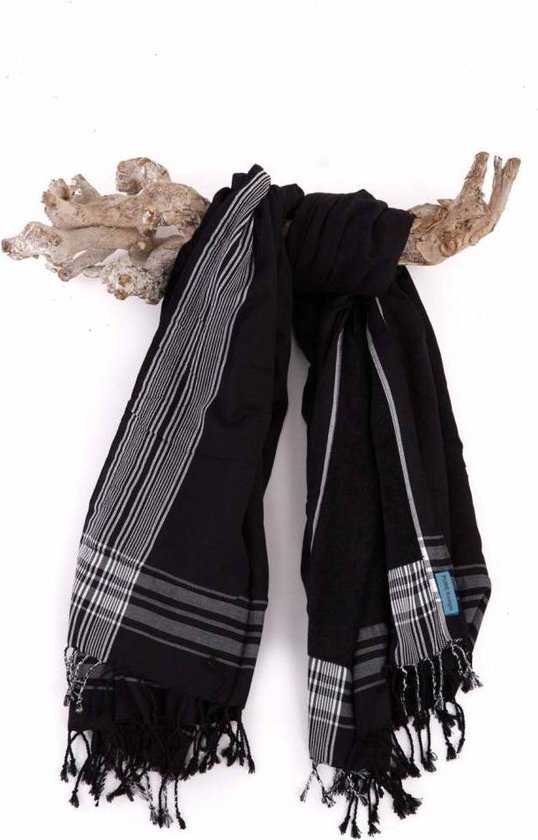 Kikoy Strandlaken Sukari Black 170x95cm - Strandlaken - (Hamamdoek) Met badstof - Saunadoek - Saunalaken - Stranddoek - Reishanddoek - Plaid - 170x95cm