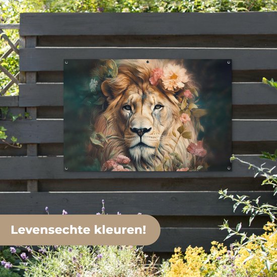 Affiche jardin - Toile jardin - Posters de jardin extérieur - Lion - Tête de lion - Animaux sauvages - Fleurs - 120x80 cm - Jardin