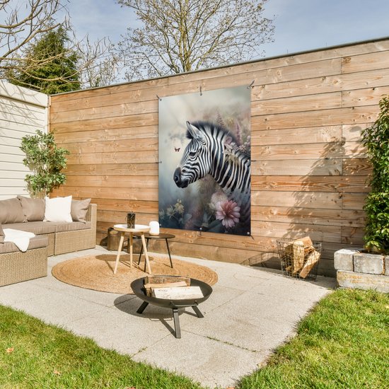 Affiche jardin - Toile jardin - Posters de jardin extérieur - Zebra - Animaux sauvages - Papillon - Fleurs - 90x120 cm - Jardin