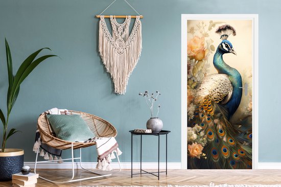 Sticker porte Paon - Plumes de paon - Fleurs - Vogels - Botanique - 80x205 cm - Poster porte