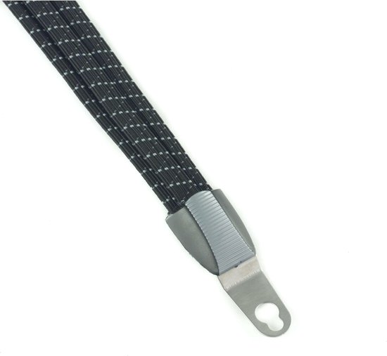 Detail van een 24" snelbinder, zwart met grijze stippen en grijze sluiting met metalen oog.