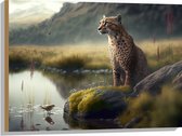 Hout - Cheetah op Rots langs Rivier door Natuurgebied - 80x60 cm - 9 mm dik - Foto op Hout (Met Ophangsysteem)
