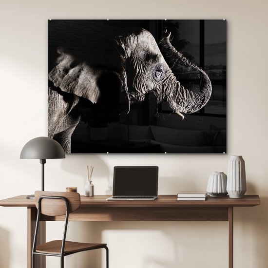 MuchoWow® Peinture sur verre - Éléphant - Zwart - Animaux - Nature - 120x90 cm - Peintures sur verre acrylique - Photo sur Glas