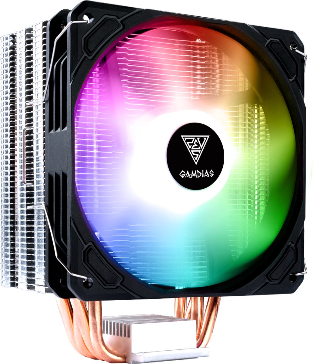 GAMDIAS RGB PWM CPU Cooler|Socket 1700/1200/1151/AM4/AM5|TDP 200 / Intel en AMD Processor Koeler met aRGB LED Verlichting (Addressable)|4 KOPER Heatpipes|Boreas E1-410