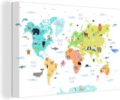 Canvas Wereldkaart - 30x20 - Wanddecoratie Wereldkaart - Dieren - Kinderen