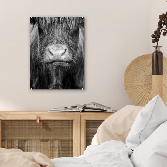 MuchoWow® Tableau sur verre 30x40 cm - Tableau sur verre acrylique - Highlander écossais - Vache - Zwart - Wit - Animaux - Photo sur verre - Décoration murale salon - Décoration murale chambre - Peintures