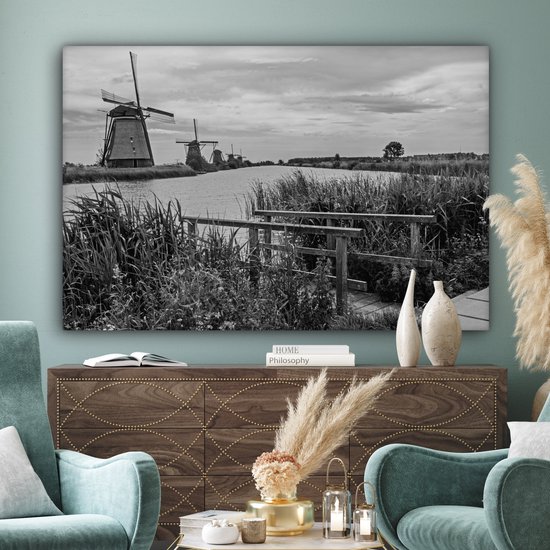 Photo Zwart et blanc des moulins à vent de Kinderdijk aux Nederland Toile 180x120 cm - Tirage photo sur toile (Décoration murale salon / chambre) XXL / Groot format!