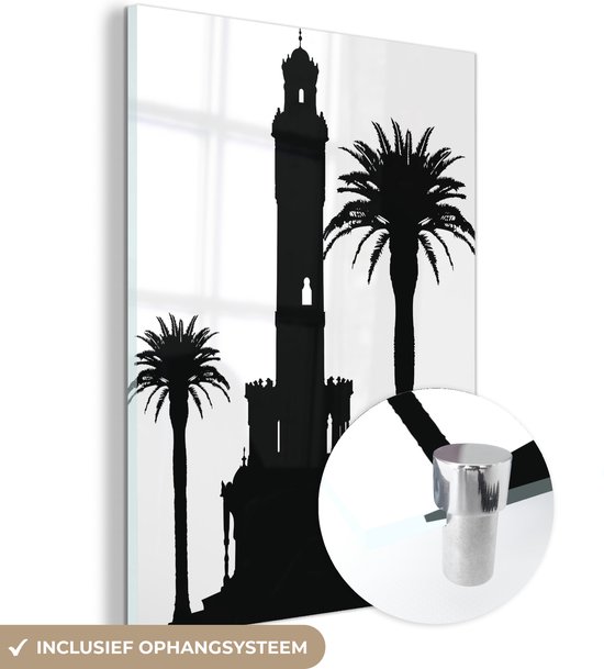 MuchoWow® Glasschilderij 60x80 cm - Schilderij acrylglas - Zwart-wit illustratie van een toren in Izmir in Turkije - Foto op glas - Schilderijen