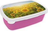 Broodtrommel Roze - Lunchbox - Brooddoos - Zonnebloem - Zon - Wolken - 18x12x6 cm - Kinderen - Meisje