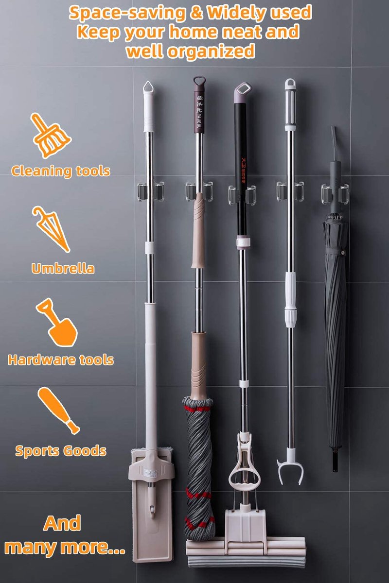 Goedkoopste Bezemmop houder, muurbezem bezemhouder 5 stuks, muurbezem bezem, verstelbare mophouder, bezemhouder muurbeugel, mop en bezemhouder organizer ideaal voor mop bezem organisatie