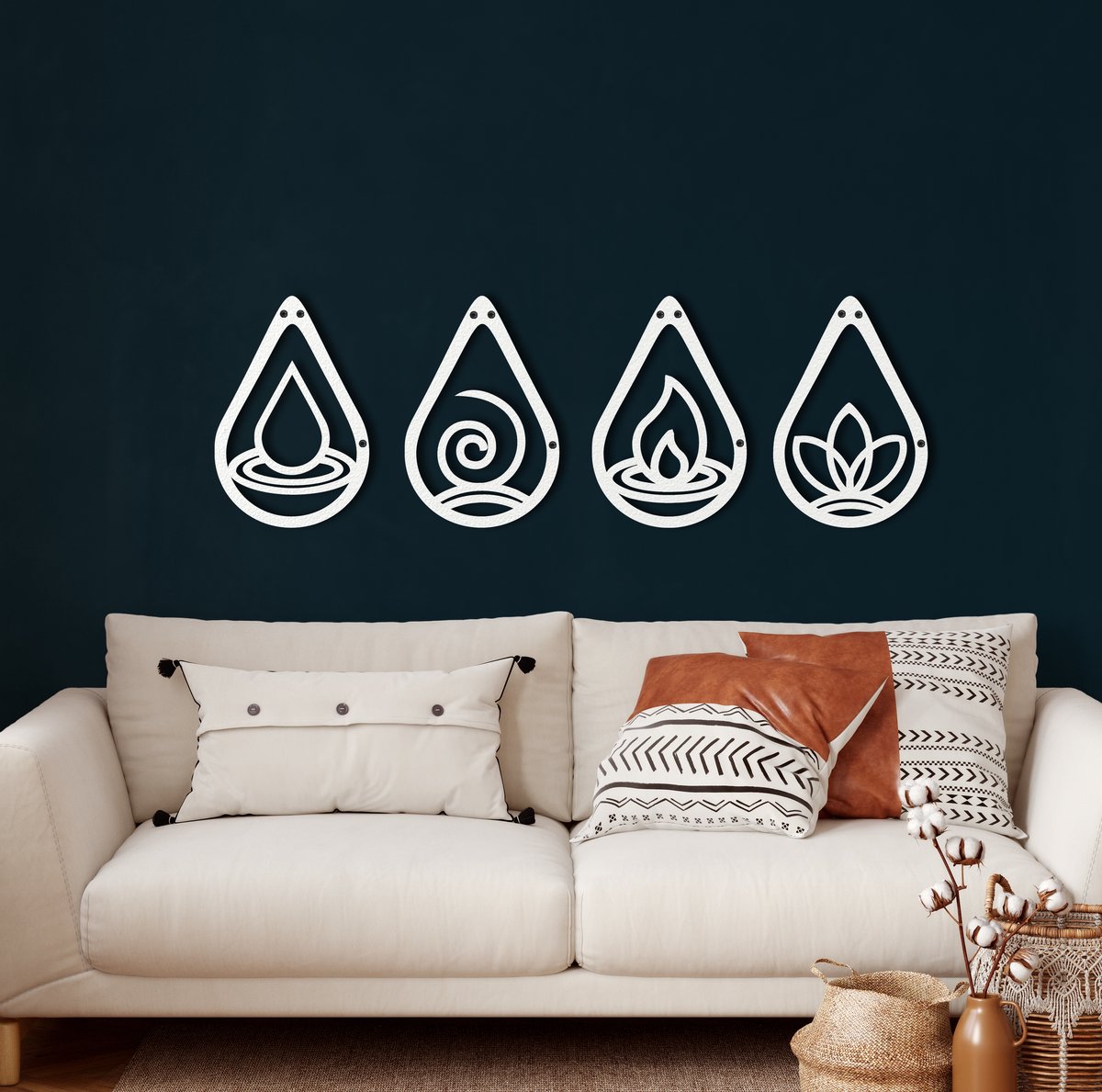 Wanddecoratie | Vier Elementen / Four Elements | Metal - Wall Art | Muurdecoratie | Woonkamer | Buiten Decor |Wit| 30x30cm