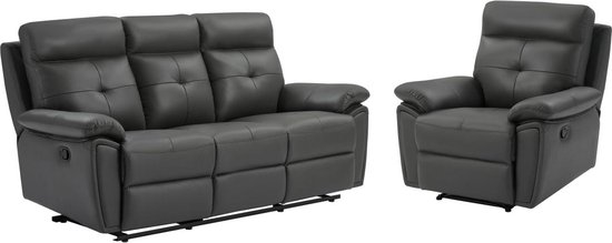 3-zits-relaxbank en relaxfauteuil van grijs leer VINETA L 200 cm x H 101 cm x D 92 cm