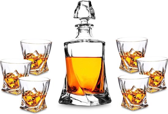 7-delige whiskyglazen en karafset, loodvrije kristalglazen, 800 ml whiskykaraf met 6 x 300 ml glazen, hoogwaardig, mooie geschenkdoos