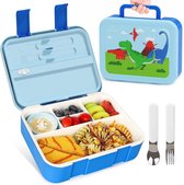 Bento Lunchbox voor kinderen, 1,25 l, bentobox, lunchcontainers met 5 vakken, lunchbox voor peuters met sauspot/lepel en vork (Blauw)