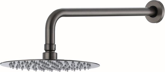 Donkergrijze ronde regendouche met gebogen arm.