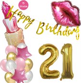 Snoes Beauty Helium Ballonnen Set 21 Jaar - Roze Folieballonnen - Slinger Happy Birthday Goud
