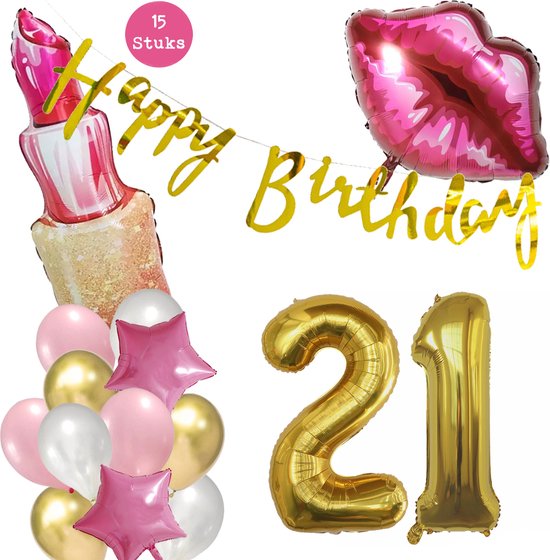 Snoes Beauty Helium Ballonnen Set 21 Jaar - Roze Folieballonnen - Slinger Happy Birthday Goud