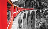 Fotobehang - Vlies Behang - Rode Trein op een Brug in de Bergen - 312 x 219 cm