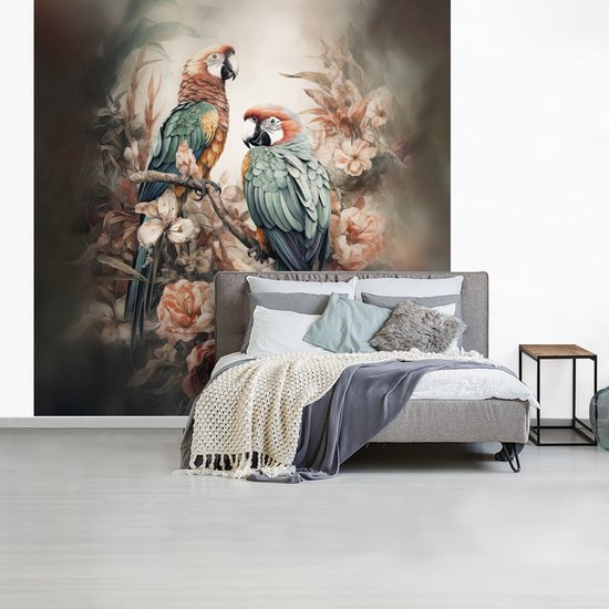 Behang - Fotobehang Papegaaien - Vogels - Natuur - Bloemen - Breedte 350 cm x hoogte 350 cm